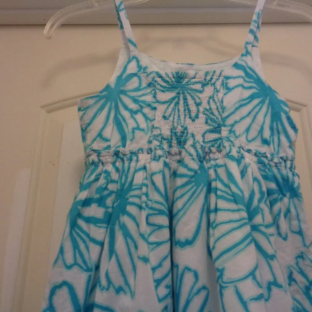 GIRLS GYMBOREE COTTON AQUA & WHITE FLORALS SHEERED SUNDRESS 10